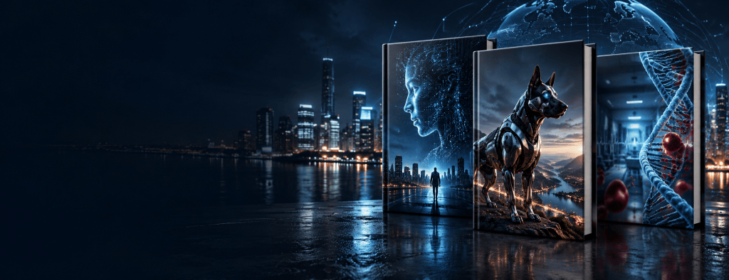 Three illustrated books suggesting artificial intelligence, a robotic dog, and medical suspense against a night skyline
