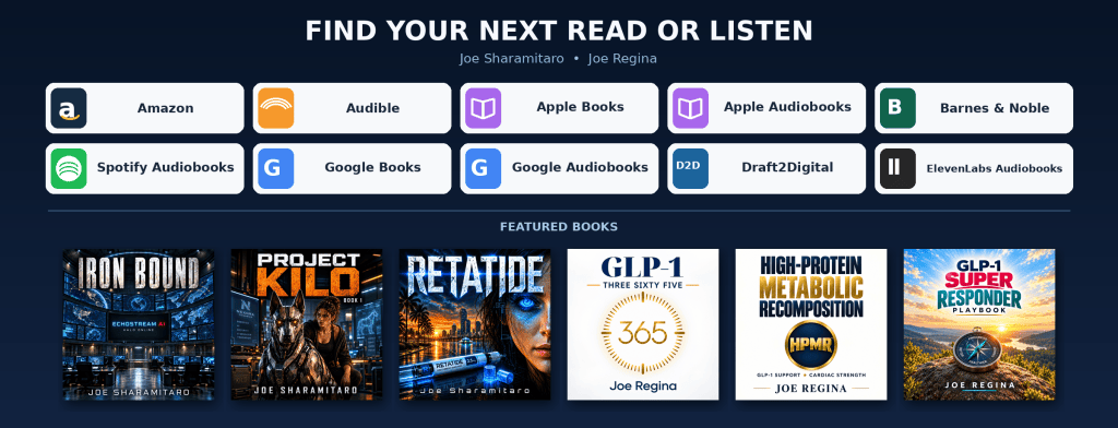 Book platforms including Amazon, Audible, Apple Books, Barnes & Noble, Spotify, Google Books, Draft2Digital, and ElevenLabs, above covers by Joe Sharamitaro and Joe Regina